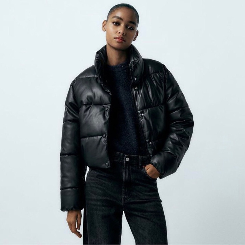 Zara Black Leather Puffer Jacket